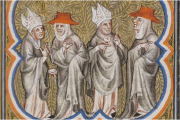 Disputa de clérigos. Miniatura del siglo xv de un manuscrito de las Crónicas de Jean Froissart, que representa el Gran Cisma de la Iglesia católica iniciado en 1378. BNF.