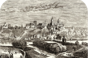Grabado del siglo XIX de una vista general de Salamanca y el arroyo Zurguen.