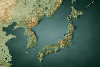 Mapa con el relieve de la península de Corea y la isla de Japón
