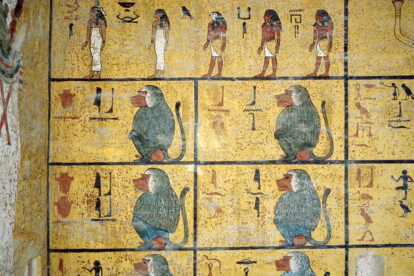 Detalle de los babuinos en la cámara funeraria de Tutankhamon, ubicada en el Valle de los Reyes, Luxor. Foto: GETTY
