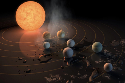 Tres de los siete mundos que giran en torno a la enana ultrafría TRAPPIST-1 se mueven en una región en la que podría existir agua líquida en su superficie. Incluso el más alejado está mucho más cerca de su estrella que Mercurio del Sol.