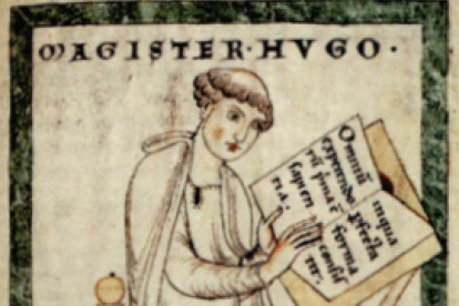 Miniatura del manuscrito Leiden con Hugo de San Víctor escribiendo su Didascalicon. Biblioteca de la Universidad de Leiden.