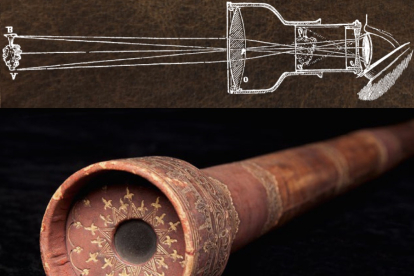 Dibujo del funcionamiento de un telescopio galileano: una lente convexa u objetivo (izda.) y una cóncava u ocular (dcha.), están situadas a cada lado de un tubo, de modo que el punto focal de ambos es el mismo. Bajo él, un telescopio galileano (1620)