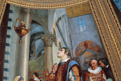 Galileo observa la lámpara péndulo del Duomo de Pisa, Luigi Sabatelli. Fresco del interior de la Tribuna de Galileo, Florencia.