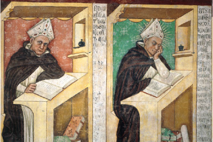 San Alberto Magno en su escritorio. Es un detalle del Ciclo de los Cuarenta Miembros Ilustres de la Orden Dominicana (1352), por Tommaso da Modena.