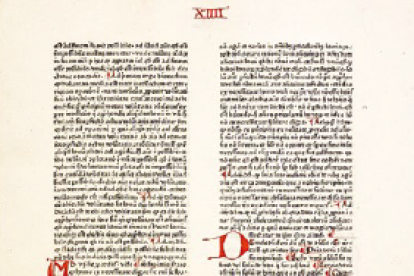 Página manuscrita medieval de la Suma Teológica de Tomás de Aquino. Copia realizada por Peter Schöffer en 1471.