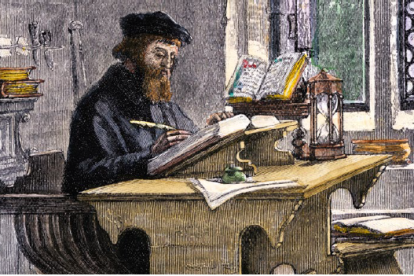John Wycliffe trabajando en un grabado anónimo del siglo xix. Biblioteca Estatal de Rusia.