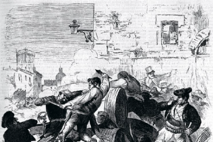 Grabado del Motín de las Quintas (17 y 18 de marzo de 1869). Valeriano Domínguez
Bécquer recrea una escena de un combate en las barricadas de Jerez.