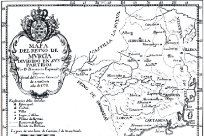 Mapa del reino de Murcia dividido en partidos, de Juan F. Palomino. Extraído de Descripcion general geográfica, cronológica, è histórica de España, por reynos y provincias (1778).