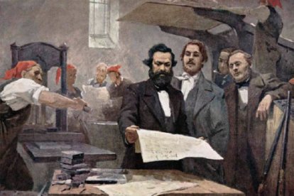 Ilustración de Carl Marx en la imprenta de La Gaceta Renana