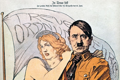 Ilustración de Hitler con mujer rubia apoyada en su salvador