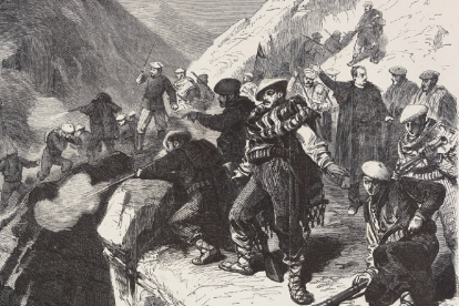 Tropas carlistas sorprenden al batallón de Mendigorría, segunda guerra Carlista. Ilustración de L’Illustration, Journal Universel, del 18 de mayo de 1872