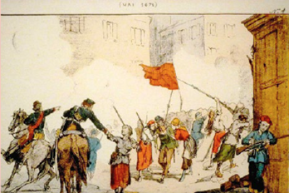 Grabado de las barricadas de la plaza Blanche, París, defendida por mujeres durante la semana sangrienta.