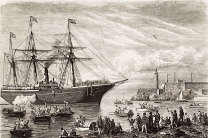Una tropa española de refuerzo llegando en un vapor al puerto de La Habana, Cuba, el 15 de octubre de 1875, durante la guerra de los Diez Años.