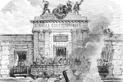 Mujeres queman los registros del Estado Civil en el balcón de la Casa Consistorial de la Vila de Gràcia (Barcelona) en 1870, durante la denominada «revuelta de las quintas». Ilustración de Amédée Daudenarde