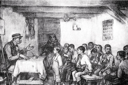 Ilustración de la época donde se representa una escuela valenciana