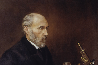 En este retrato pintado por S. Carrillo, Santiago Ramón y Cajal posa junto a un microscopio Zeiss, del que el Nobel español era un entusiasta.