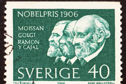 Moissan, Golgi y Ramón y Cajal, ganadores del Premio Nobel de 1906, en un sello conmemorativo.