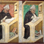 San Alberto Magno en su escritorio. Es un detalle del Ciclo de los Cuarenta Miembros Ilustres de la Orden Dominicana (1352), por Tommaso da Modena.