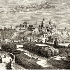 Grabado del siglo XIX de una vista general de Salamanca y el arroyo Zurguen.