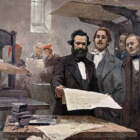 Ilustración de Carl Marx en la imprenta de La Gaceta Renana