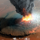 Con sus 25 kilómetros de altura y situado en Marte, es el mayor volcán del Sistema Solar. Su última erupción –en la imagen, una recreación– tuvo lugar hace unos 25 millones de años.