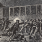 Bandidos atacando un tren en la línea Córdoba- Sevilla entre Valdepeñas y Manzanares. Ilustración de Smeeton publicada en L’Illustration, Journal Universel, el 13 de abril de 1872.