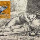 La siesta, dos granjeros descansando a la sombra de un pajar, dibujo de Millet y La siesta, de Van Gogh