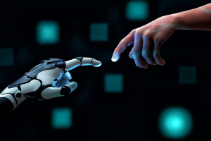 Mano robótica haciendo contacto con el dedo humano