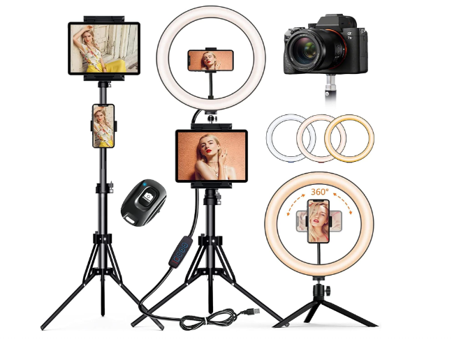  ATUMTEK Anillo de luz para selfie de 10 pulgadas con trípode  extensible de 55 pulgadas, luz para selfie con soporte para teléfono y  control remoto Bluetooth, anillo de luz LED regulable
