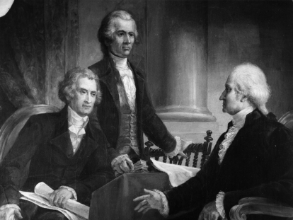 George Washington (derecha) con el vicepresidente Thomas Jefferson (izquieda) y el secretario del Tesoro Alexander Hamilton (detrás). Imagen: Getty Images.