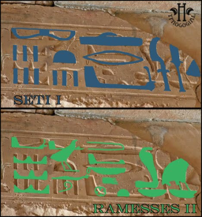 Resaltado de los jeroglíficos de Seti I (azul) y de Ramsés II (verde) - Fuente: Hypnogogial, raincool.blogspot.com