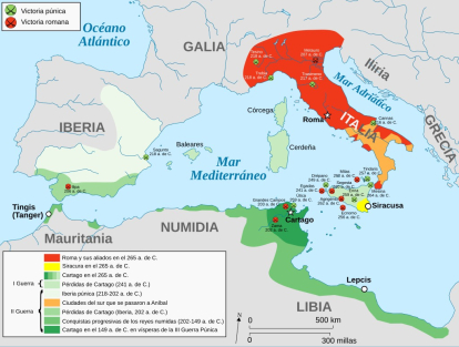 Mapa con los hitos de las guerras púnicas