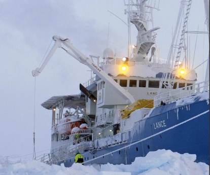 El RV Lance es un buque de investigación noruego que opera sobre todo en el Ártico (allí se hizo la foto), aunque también ha participado en expediciones antárticas. Puede pasar muchos meses atrapado en el hielo, lo que facilita los estudios de los científicos a bordo.