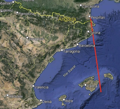 Trayectoria del bólido rozador que sobrevoló el Mediterráneo