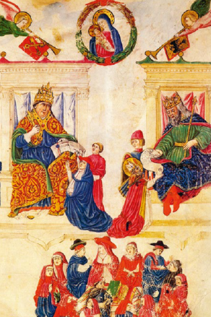 Miniatura del siglo XIII, de autor desconocido. Boceto de un código medieval que muestra la composición del Colegio de Doctores, Jueces y Abogados.