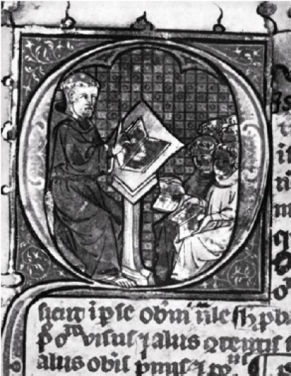Detalle de una letra ornamental en un manuscrito del siglo XIV que representa a Duns Escoto dando una conferencia a sus estudiantes.