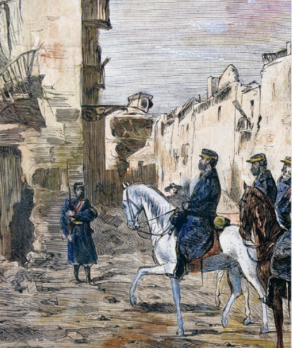 Versión coloreada del grabado Entrada en Cartagena en la sublevación cantonal de 1873, publicado en La Ilustración Española y Americana en 1874. El militar y político José López Domínguez va al frente de las tropas.