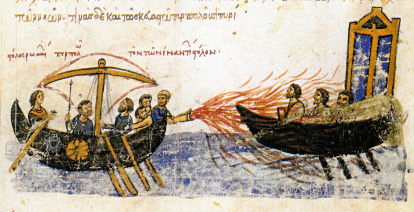 Fuego griego ilustrado en una crónica bizantina