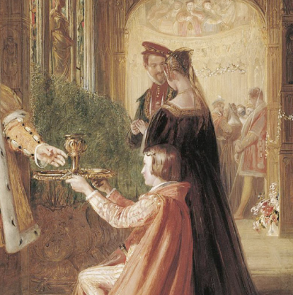 Enrique VIII solicitó la aprobación del papa para anular su primer matrimonio con Catalina de Aragón con el argumento de que ella no podía concebir hijos varones, pero lo que realmente deseaba era casarse con Ana Bolena (en el cuadro, de la mano del monarca, ambos observados por el cardenal Wolsey)