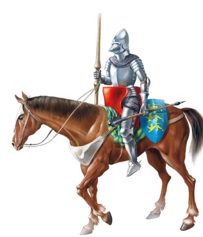 Representación de un caballero con su armadura y montura